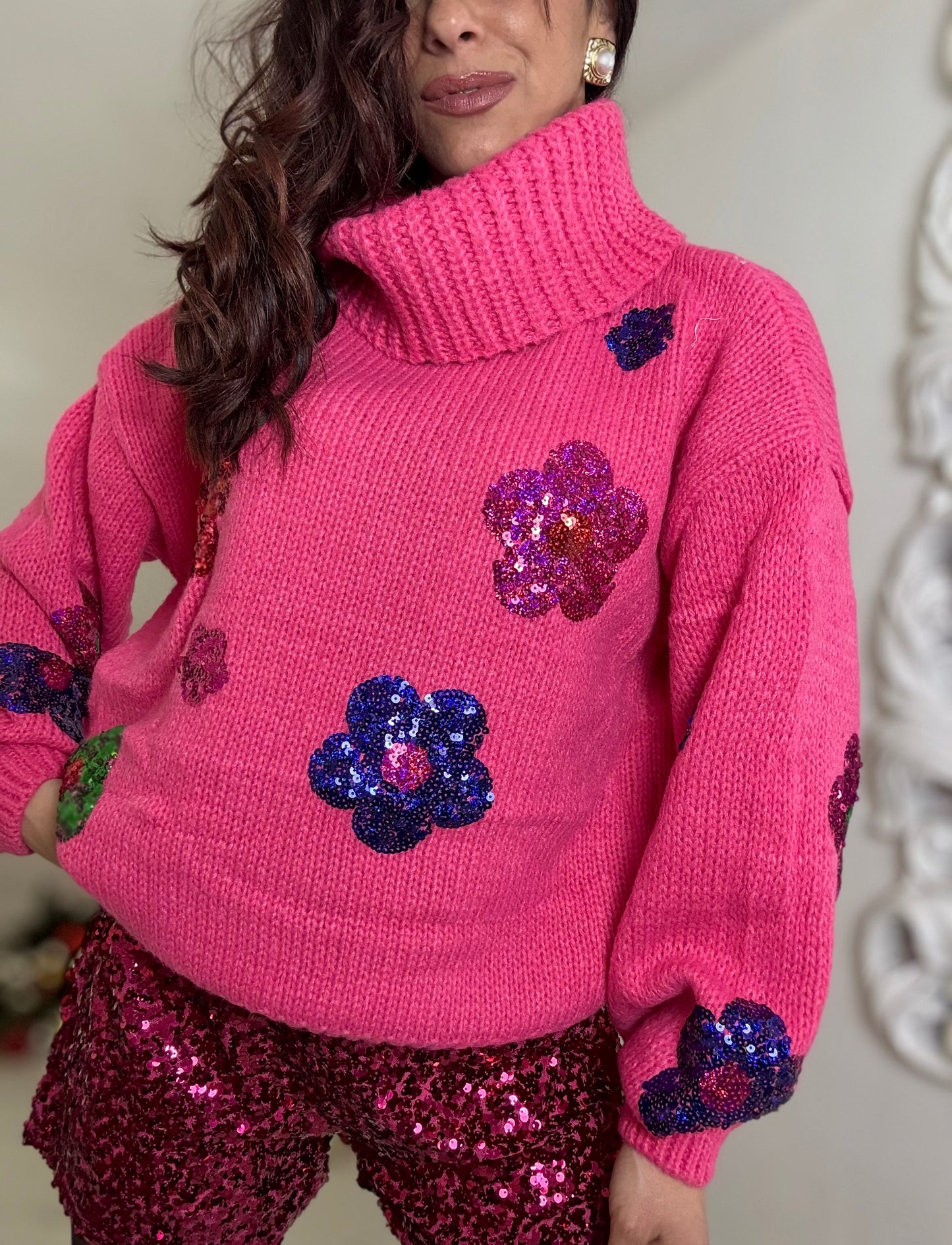 Pull flowers paillettes